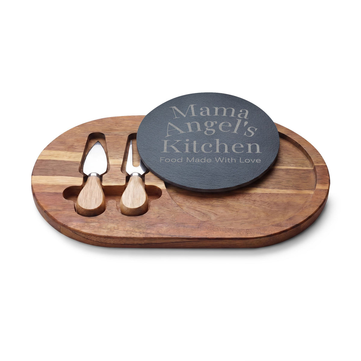 Mama Angel’s Kitchen Engraved Charcuterie Board with Serving Utensils