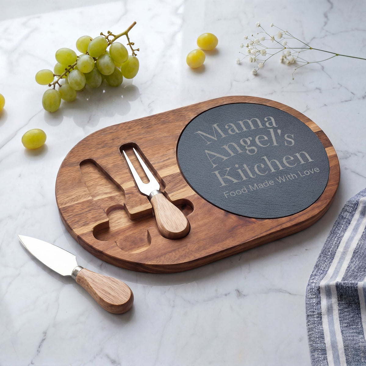Mama Angel’s Kitchen Engraved Charcuterie Board with Serving Utensils